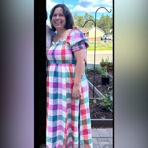 Boden Linen Gingham Smocked Midi Dress Puff Sleeve Colorful cottage core Size 12